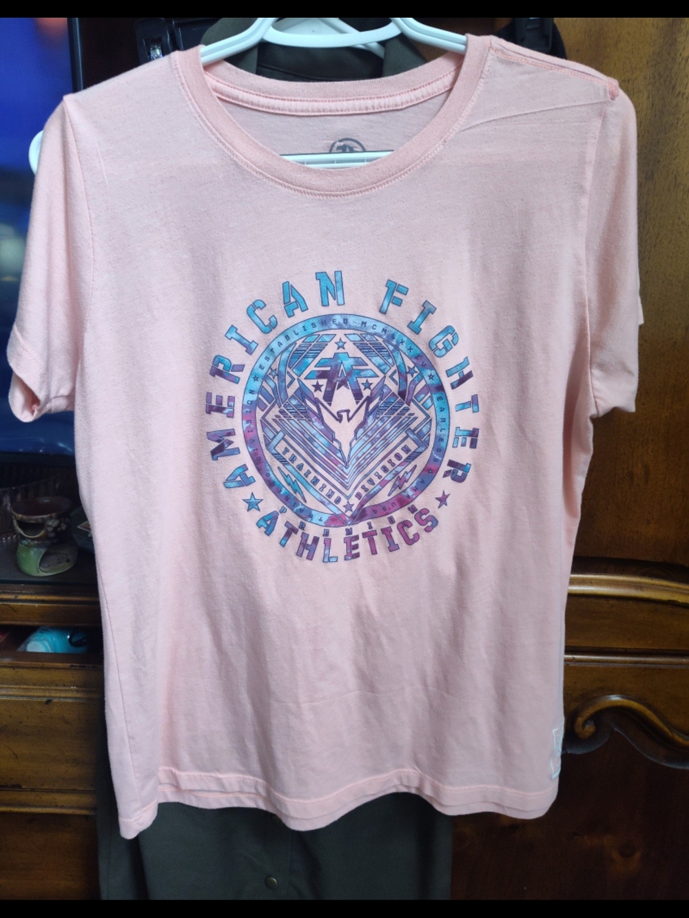 American Fighter Soft Pink Graphic T-Shirt with Blue Accent